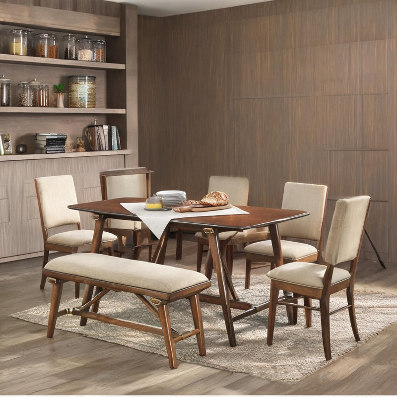 Ensemble de salle à manger rectangulaire 6 pièces brun avec banc et chaises rembourrées pour la salle à manger