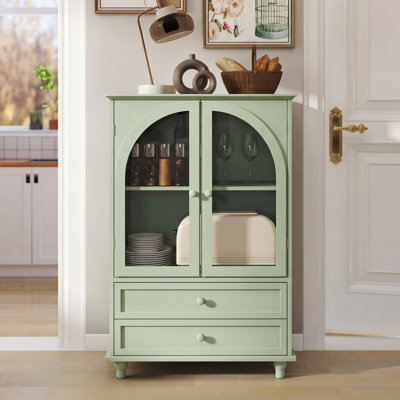 Farmhouse Buffet Sideboard Cabinet with Arched Tempered Glass Doors, 2 Drawers & Adjustable Shelf, White Storage Cabinet for Kitchen, Dining Room, Living Room, Entryway & Coffee Bar