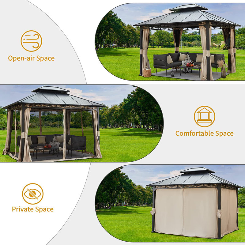 10' x 12' Gray Aluminum Hardtop Patio Gazebo with Curtains