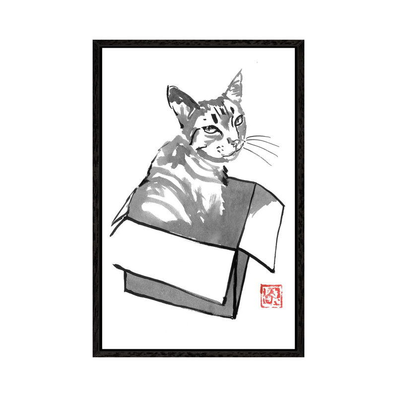 Cat In Box by Péchane - Painting on Canvas, 66.04 cm H x 45.72 cm W, Black Framed