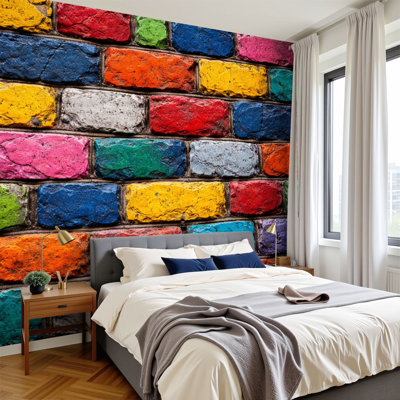 Papier peint auto-adhésif en briques peintes multicolores aux couleurs vives et audacieuses, rouge, bleu, jaune, vert, mur, H 100 po x l 144 po, papier peint amovible en PVC, adhésif mural pour chambre à coucher, bureau à domicile