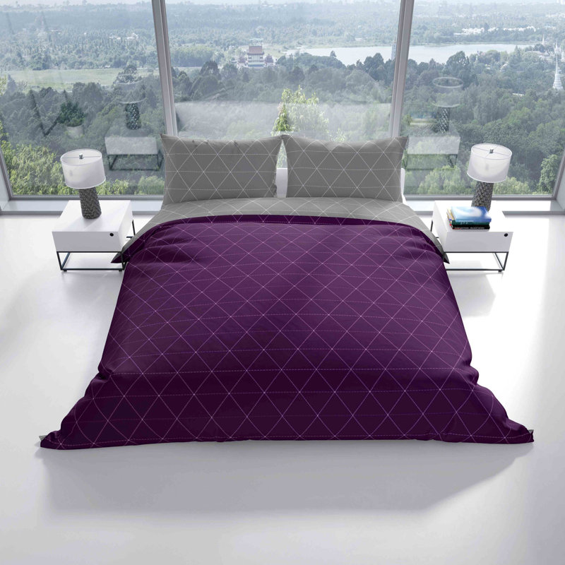 Denice Renforcé Bed Linen, 135 x 200cm Duvet Cover + 1 Pillowcase, Purple/Grey