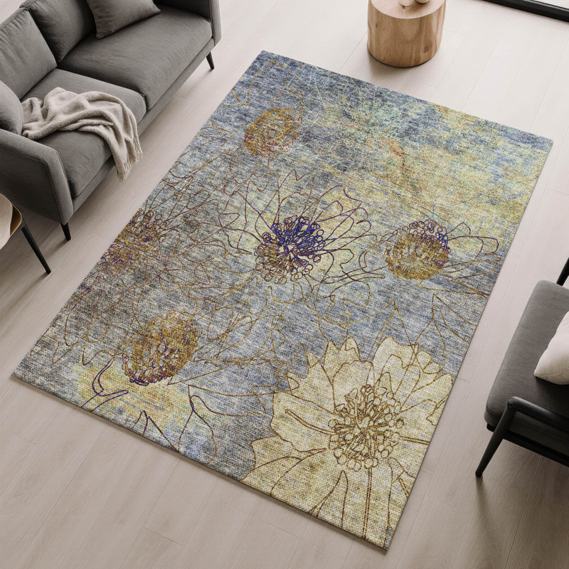 Premium Machine Washable Mayfield AMF2235 Floral Rug, Denim, 3' x 5'