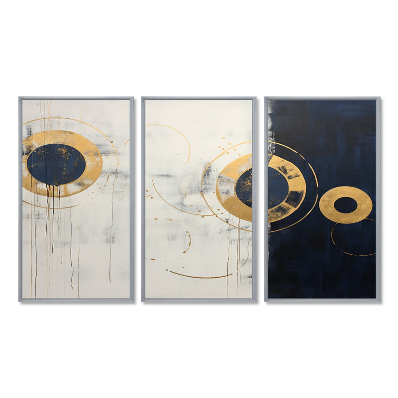 Circulaire soleil doré et lune - ensemble d'art mural minimalisme, Encadrement argenté, H 40 po x l 60 po x P 1 po
