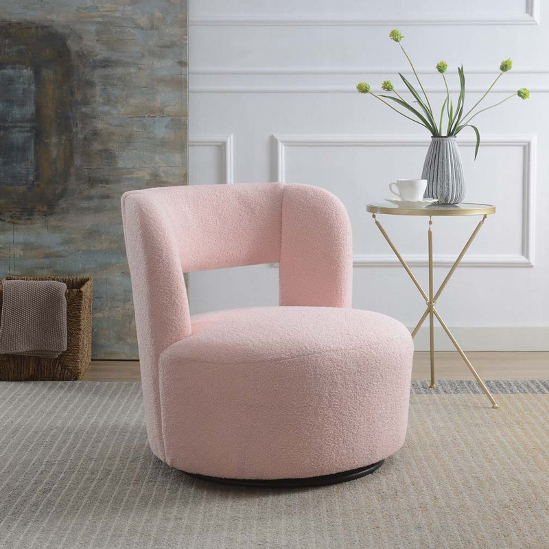 Fauteuil demi-tonneau pivotant en tissu Teddy, Peluche rose clair