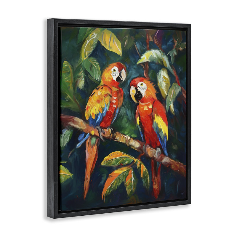 «Perroquet paire sur branche» par Ramona Murdock, Cadre flottant noir de jais, H 21 po x l 17 po x P 1,7 po