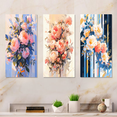 Peony Whisperes Bouquet - Ensemble de 3 reproductions d'art en métal pivoine