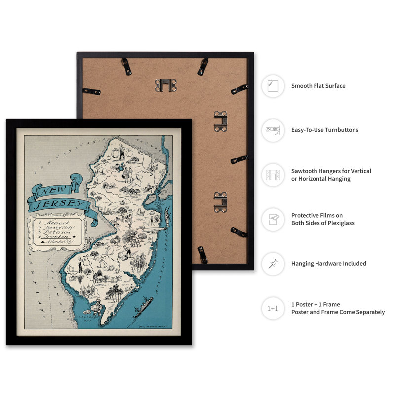 Carte illustrée du New Jersey, Cadre noir, Affiche, H 11 po x l 14 po