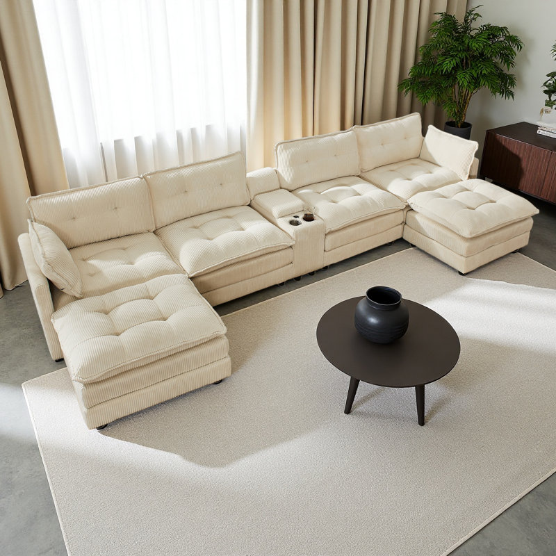 154" Sectional Cloud Sofa Couch With Ottomans, Modular U Shaped Couches For Living Room, Comfy Corduroy Oversized Sectional Modern 6 Seat Deep Seat Sofa Set With Central Console USB Port