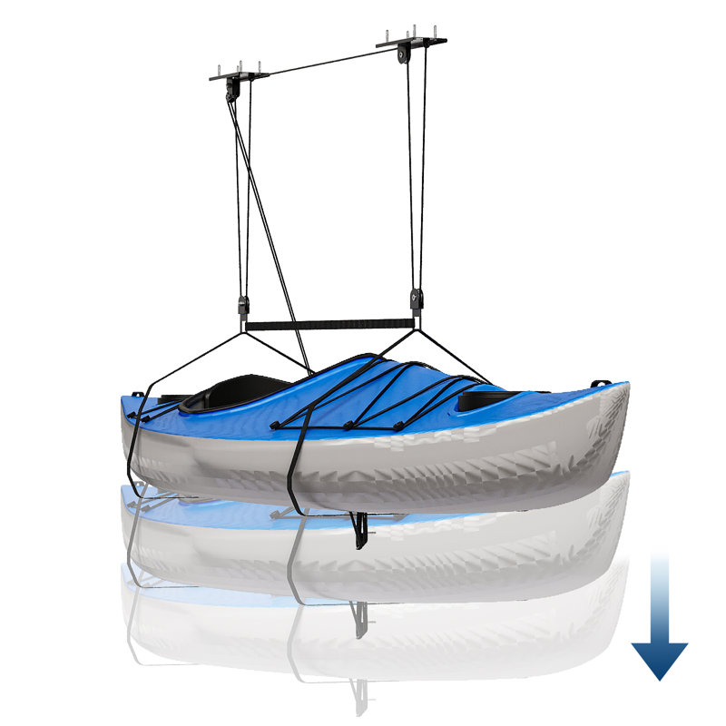 Système de poulie de garage robuste pour garage, ensemble de levage pour plafonds de 10 à 14 pieds, capacité de 150 lb avec double conception à point fixe, sangles de levage réglables, supports de rangement idéaux pour le plafond