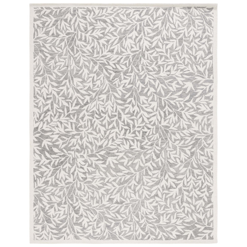 Tapis floral gris / ivoire en laine / coton touffeté à la main Ingurs, Rectangle 8 pi x 10 pi