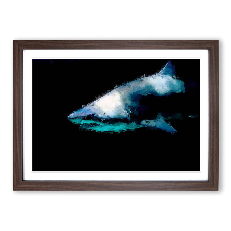 Shark in the Shadows - Picture Frame Graphic Art Print, Walnut, 50cm H x 76cm W x 2cm D
