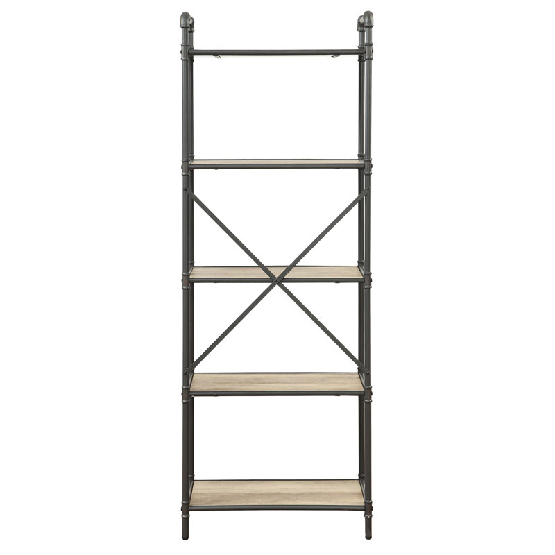 Vintage 5 Bookcase In Antique Oak And Sandy Grey - Metal Framework For Enhanced Display Organization Fits Books, Plants, Decor Living, Office, Bedroom Areas Build Optimal Ideal Living Room,
