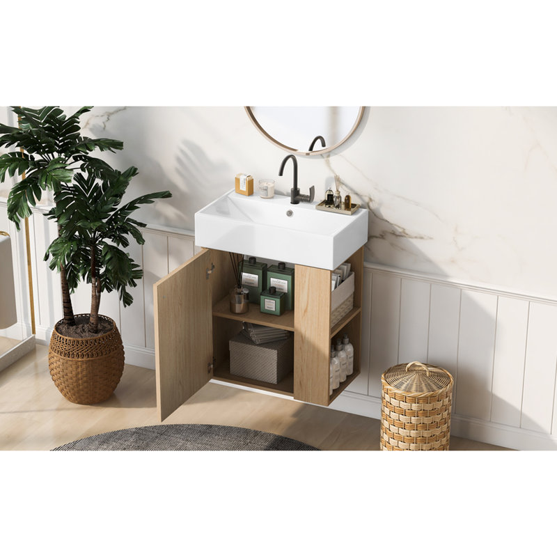 Armoire de salle de bain flottante de 21,6 po avec lavabo en céramique, trou de trop-plein, fermeture en douceur, utilisation moderne de l'espace, lavabo mural en céramique, trou unique pré-percé, porte, côté droit