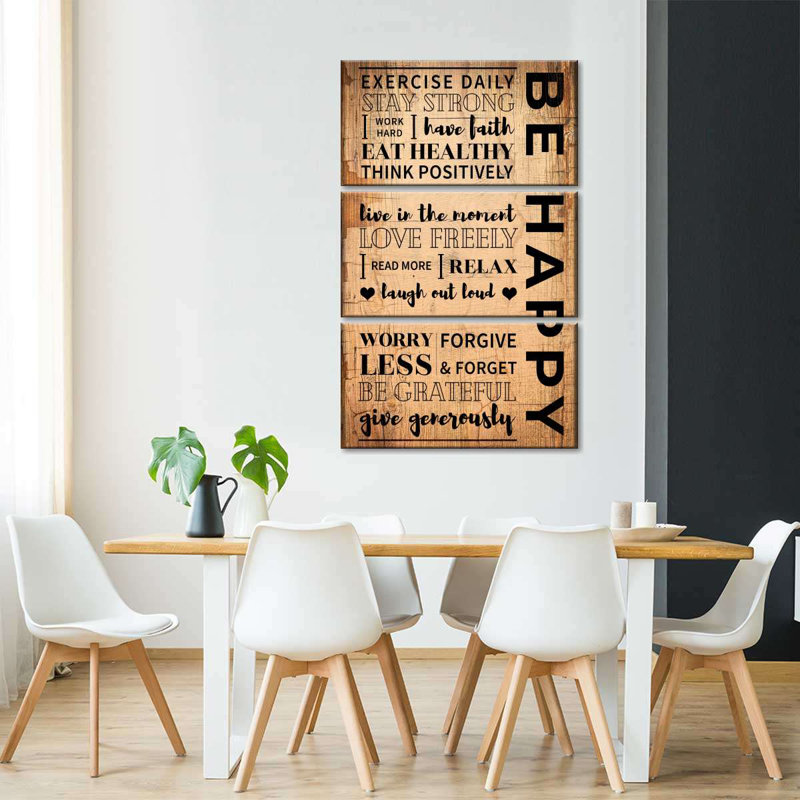 «How To Be Happy», ensemble de 3 citations sur toile, H 38 po x l 24 po x P 1,25 po