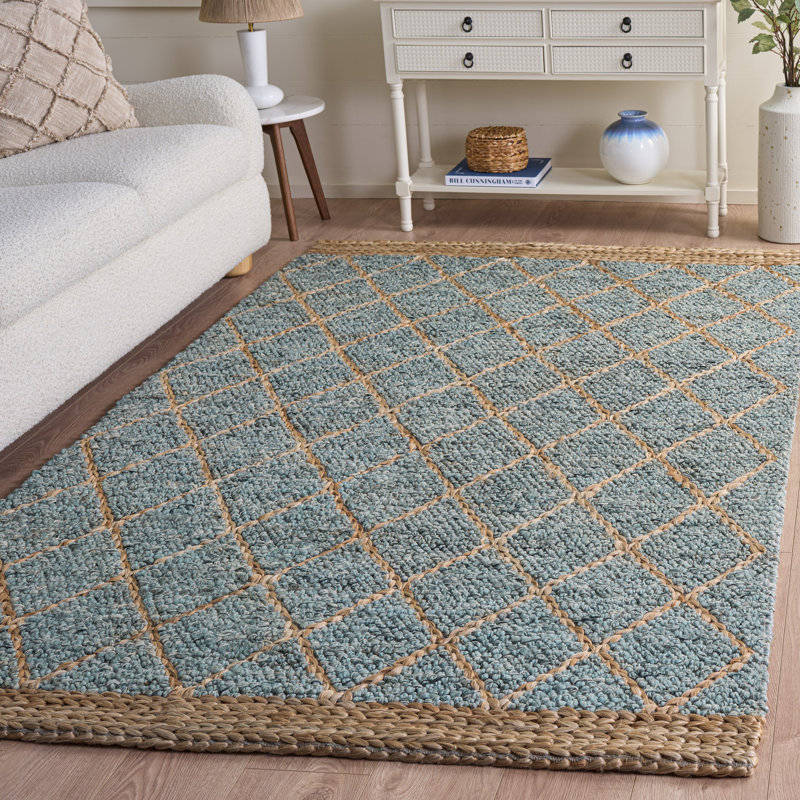 Keyren Natural Fiber Flat Weave Jute/Cotton/Wool Geometric Rug in Blue/Brown, Rectangle 5" x 8"