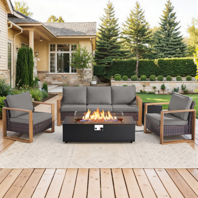 Ensemble de mobilier de patio pour 5 personnes avec foyer, table de conversation en osier toutes saisons avec chaise et coussins épais Drazen