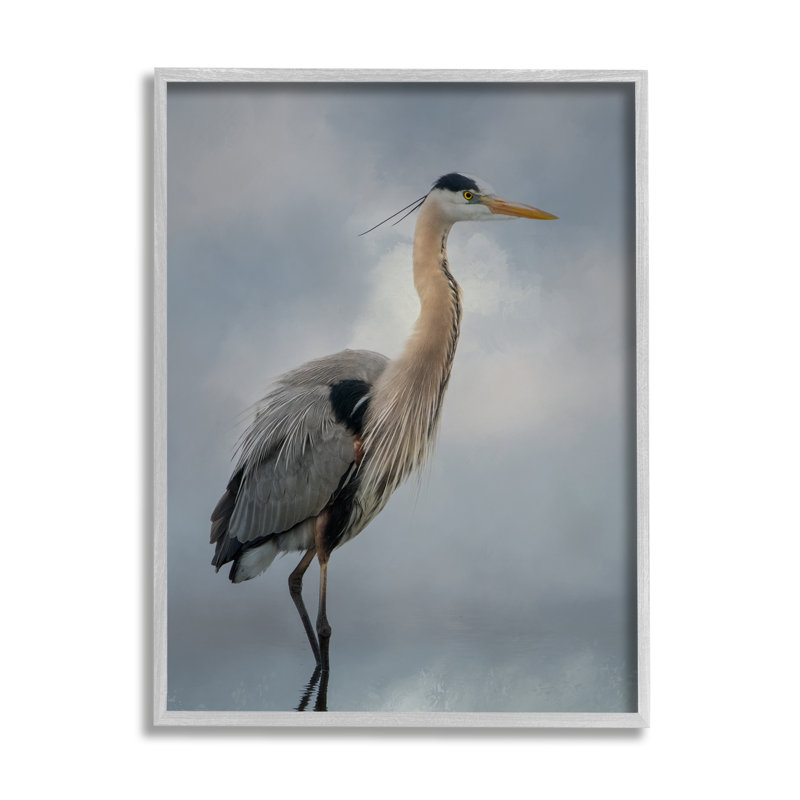 Aigrette perchée, reflet de l'eau - photographie, H 20 po x l 16 po x P 1,5 po, Cadre flottant gris lustré