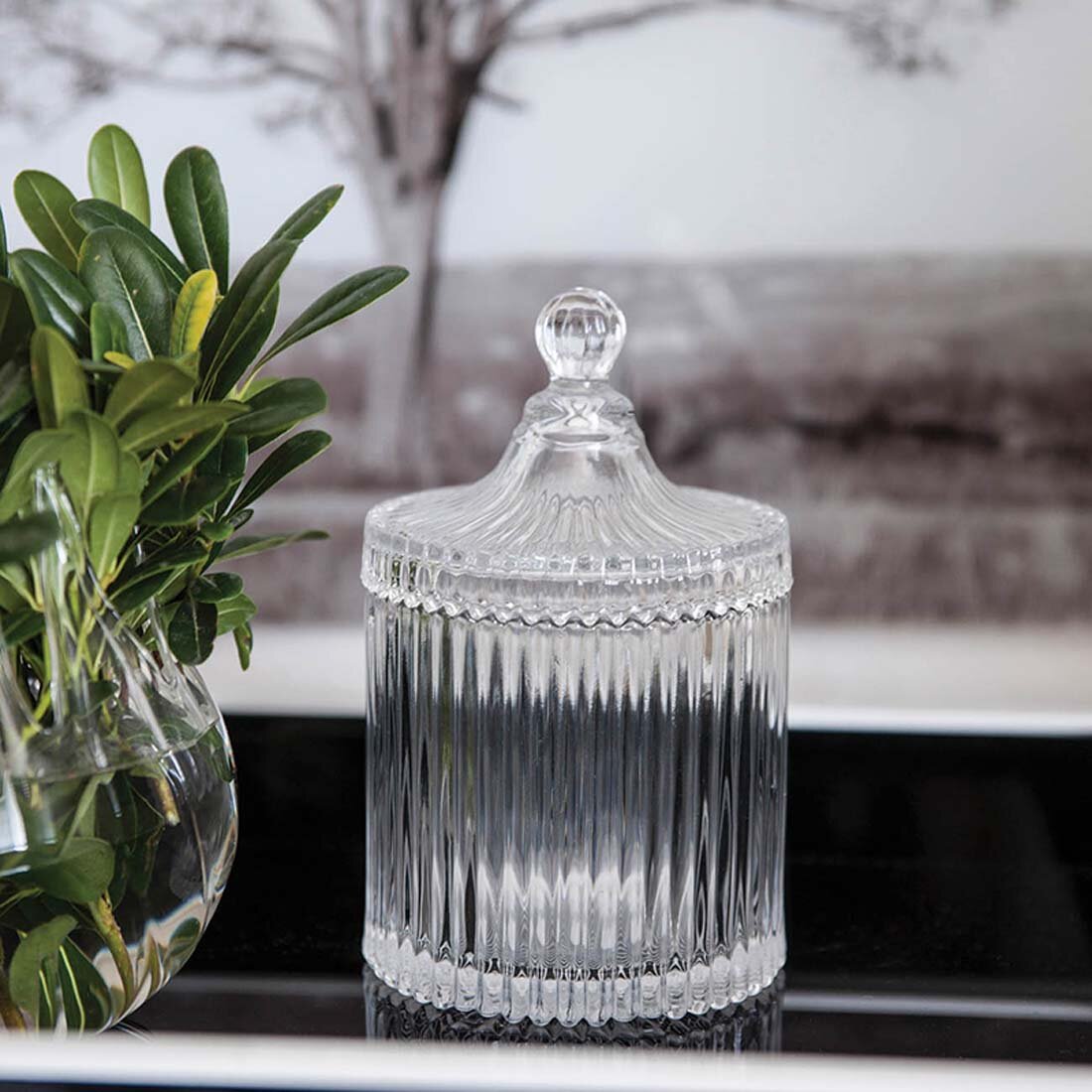 23 Large Transparent Glass Container with Finial Topped Lid