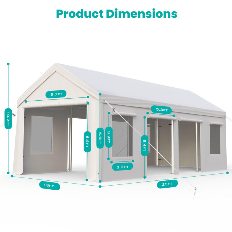 Carport Heavy Duty 13X25ft, Portable Carport With Reinforced Steel Poles, Upgraded Portable Garage With 6 Doors & 4 Window