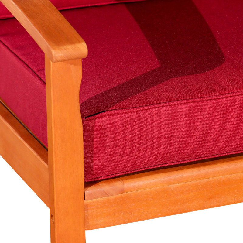 Fauteuil en eucalyptus profond avec vernis à l'huile naturelle et coussins bourgogne attrayants, Rouge, Naturel