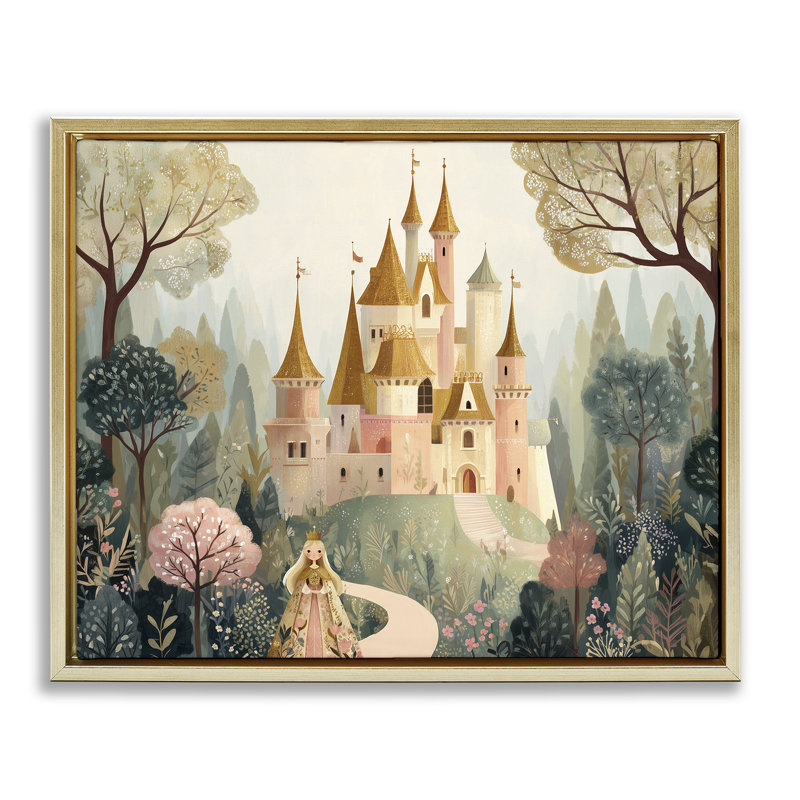 Cadre flottant Whimsical Castle Path, conception par Christine Simpson Art, Cadre flottant métallique doré, H 17 po x l 21 po