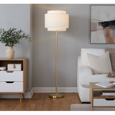 Floor Lamp 17.75"L x 17.75"W x 63.5"H Metal and Linen 1pc Gold Off-White Tiered Shade Pull-Chain Switch