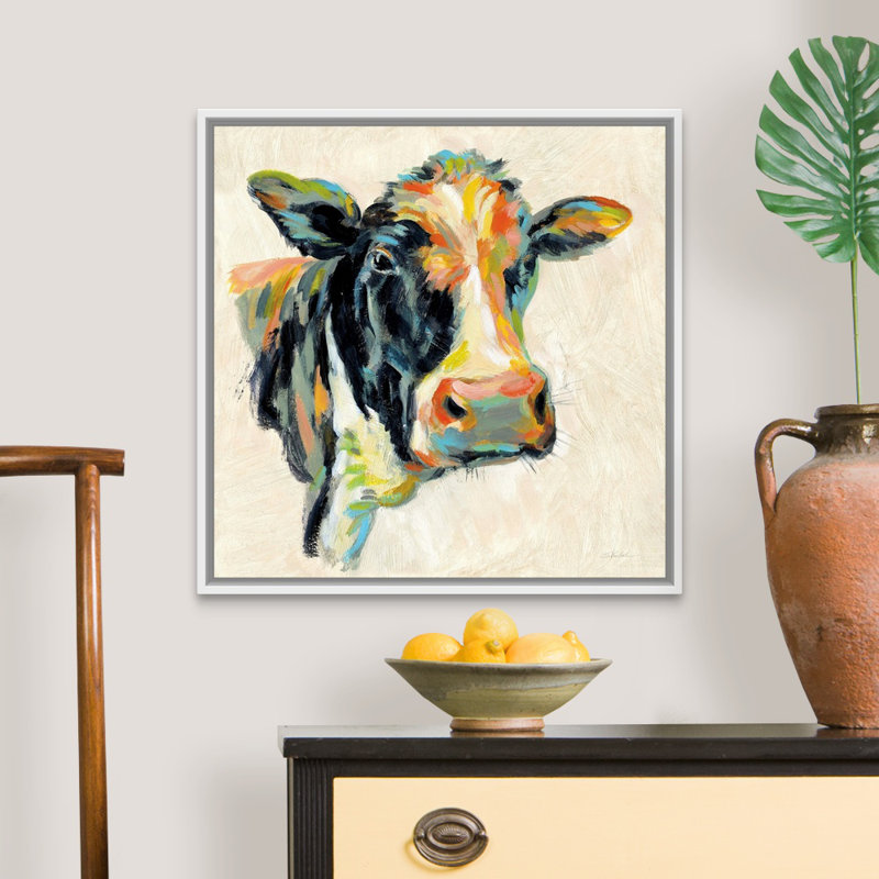 «Expressionistic Cow I», art mural sur toile, H 26 po x l 26 po x P 2 po, Toile avec cadre blanc