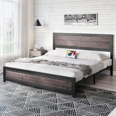 Bed Frame with Charging Station, Industrial Design Platform Bed Frame with Headboard and Metal Slated Frame, No Spring Box Need, Easy Assembly, Grey
