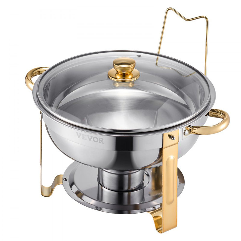 5 Qt Round Chafing Dish Buffet Set Full-Size Pan Stainless Steel, Gold