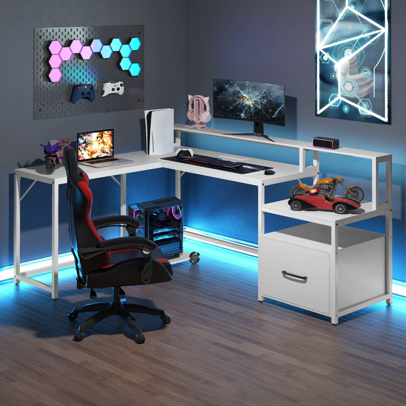 L-Shaped Metal Base Computer Desk with Power Outlet