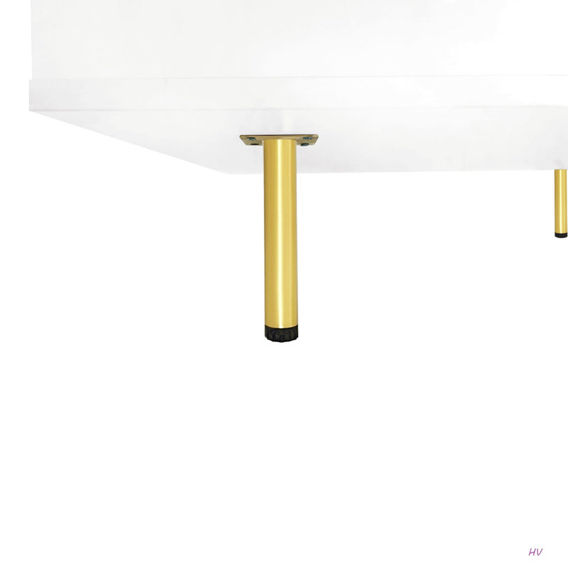 Table basse Exquise à haute brillance avec 4 pieds dorés et 2 petits tiroirs, Blanc