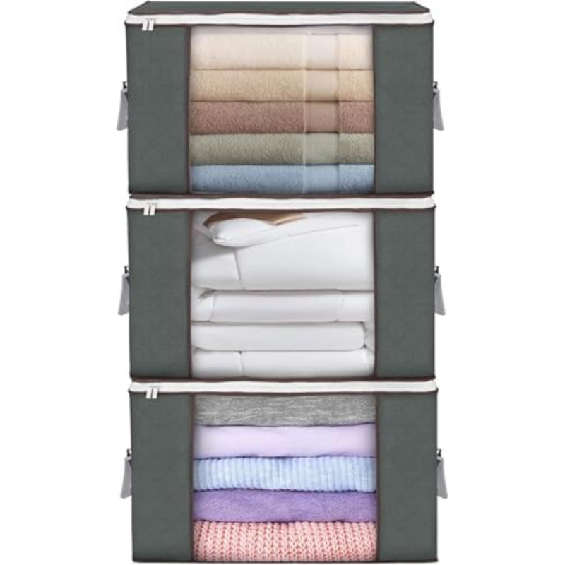 Large Storage Bags, 3 Pack Clothes Storage Bins Foldable Closet Organizers Storage Containers With Durable Handles Thick Fabric For Blanket Comforter Clothing Bedding 90 L (Gray)