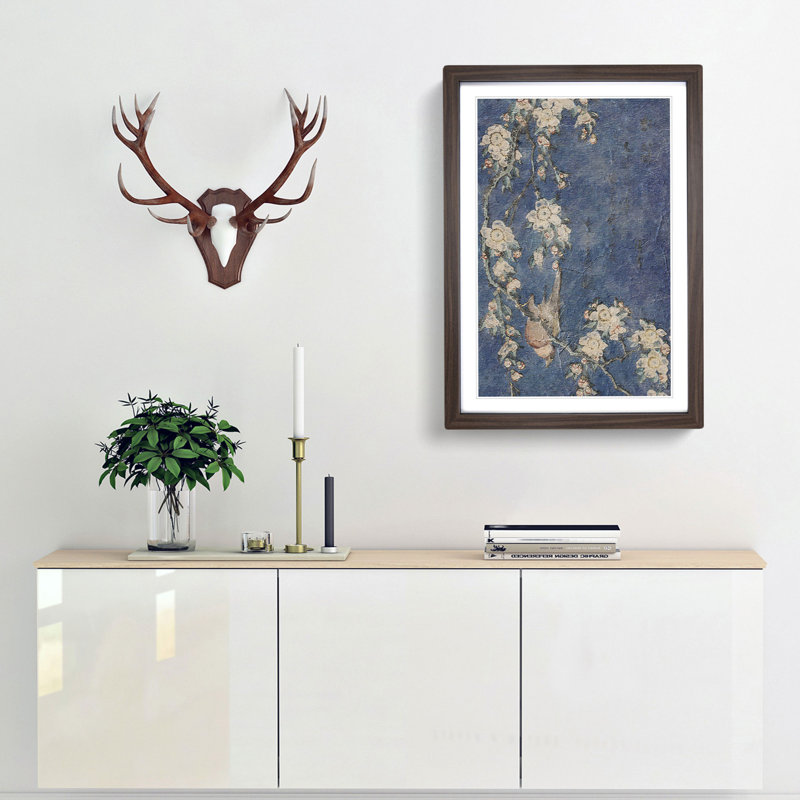 Bullfinch and Weeping Cherry Blossoms by Katsushika Hokusai - Picture Frame Painting Print on MDF, Walnut Framed