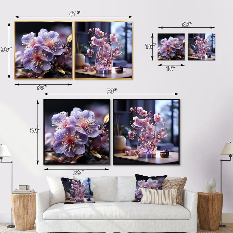 Organic Harmony - ensemble de 2 collages carrés violets, Cadre flottant noir, H 36 po x l 73 po