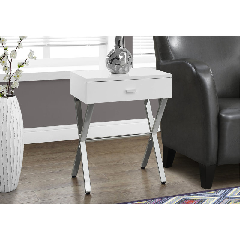 Table d'appoint brillante blanche et en métal avec rangement à tiroirs fermés - Table de chevet accessoire de salon dissimulée pour le décor de la chambre à coucher