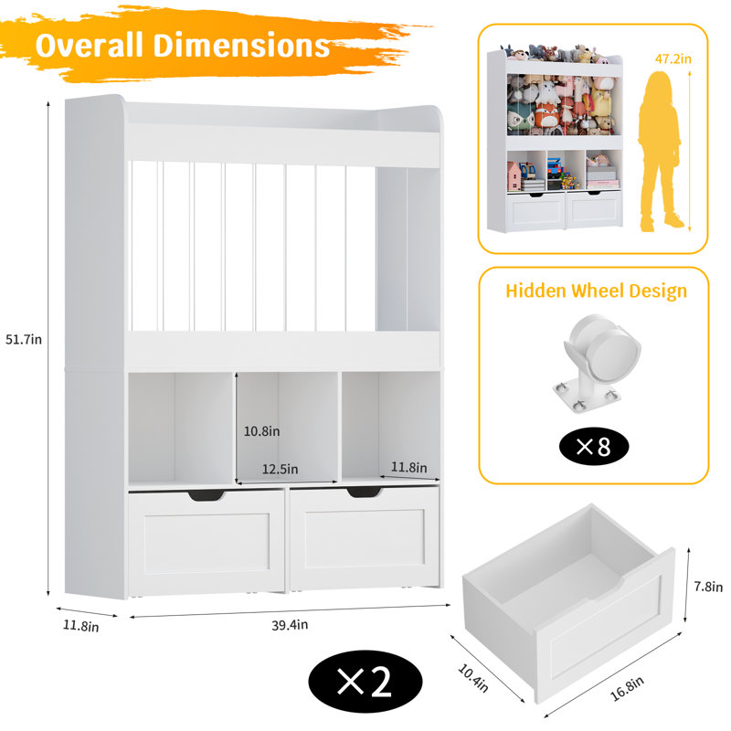 51.7"H Toy Box Storage Organizer,Large-Capacity Stuffed Animal Storage with 2 Movable Storage Drawers,3 Storage Cubes, Kids Bookshelf for Kids Room, Playroom(White)