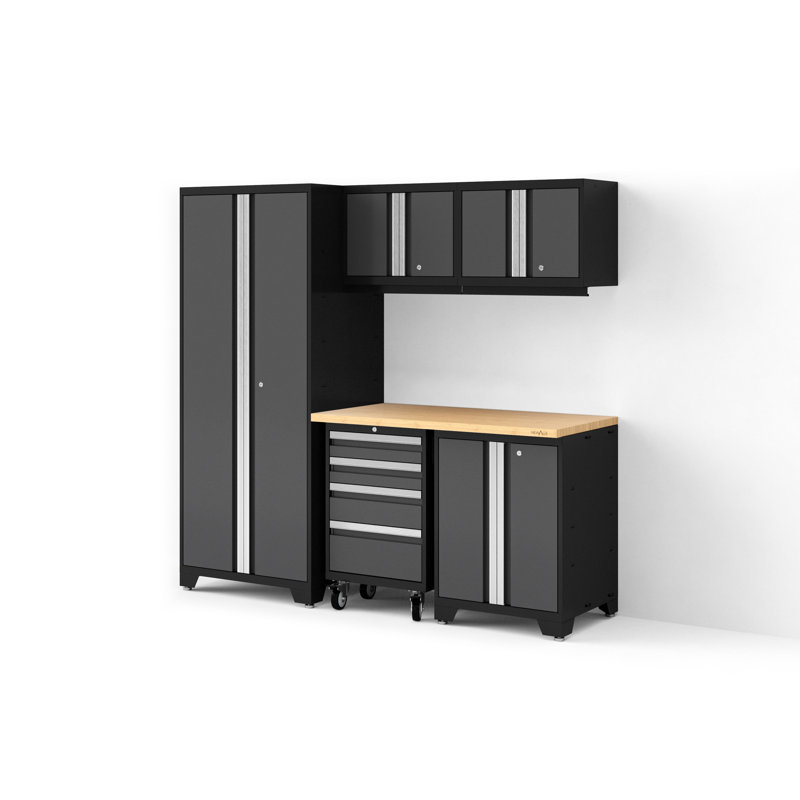 Bold XL Series Gray 6 Piece Garage Cabinets Set With Tool, Base, Wall Cabinets, Bamboo Worktop And 30 In. Locker