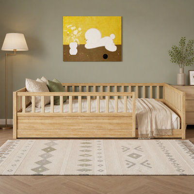 Montessori Wooden Kids Floor Bed Frame, Low‑Profile Platform Bed with Super High Safety Guardrail & Door, No Box Spring Needed, Patented Children Bed for Toddlers & Shared Bedroom