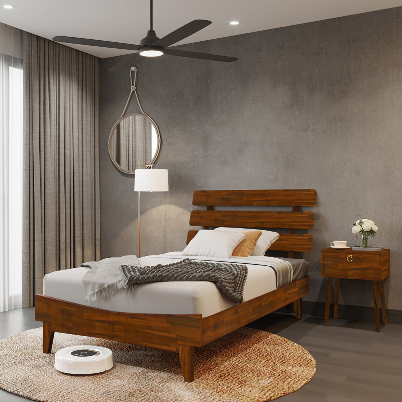 Caden Solid Wood Platform Bed with Adjustable Headboard, Mid-Century Modern, Dark Chocolate, Twin