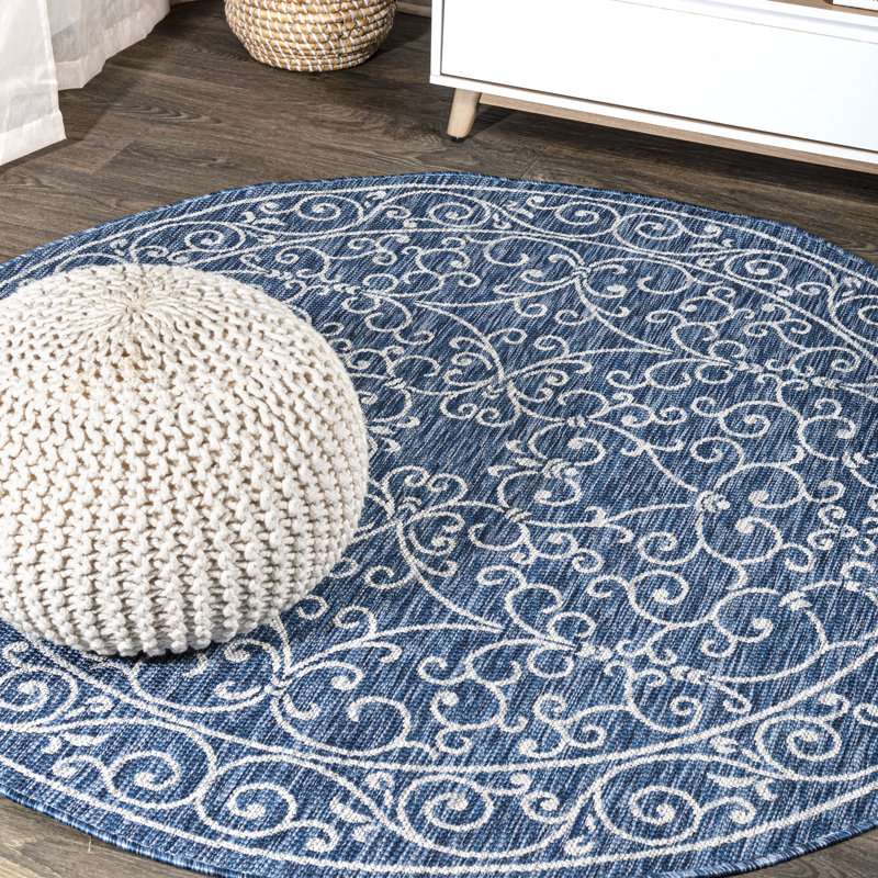 Hagerman Vintage Filigree Textured Weave Navy/Gray Indoor/Outdoor Rug, Round 5'3"