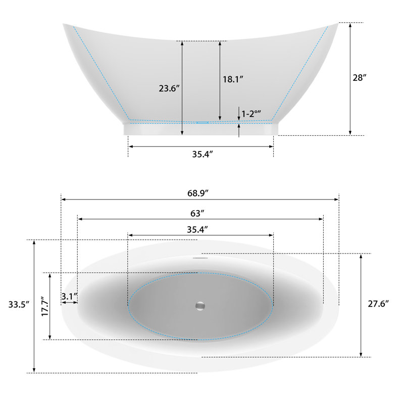 69" x 34" Freestanding Soaking Bathtub, White/Polished Chrome