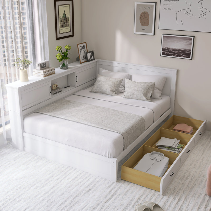 Cadre de lit d'angle en L avec tiroir, bibliothèque, éclairage à DEL et port USB pour petite pièce, chambre à coucher, chambre d'amis