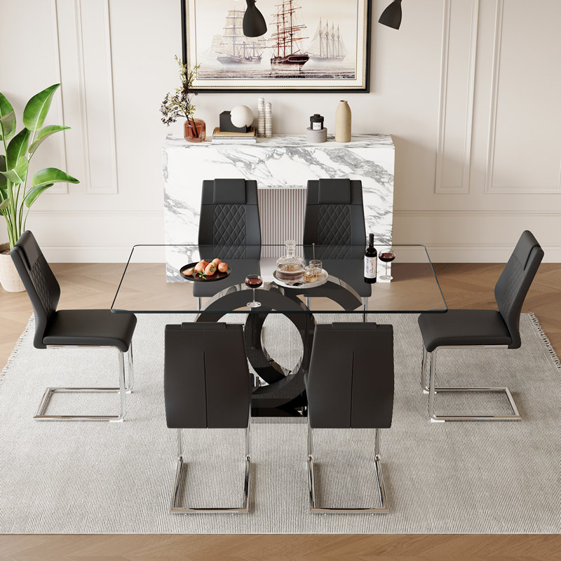 7-Piece Glass Top Dining Table Sets, Noir / argenté