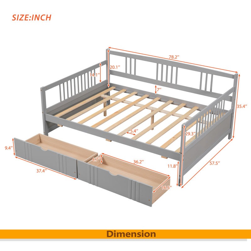 Full Size Daybed Wood Bed With Two Drawers, Gray