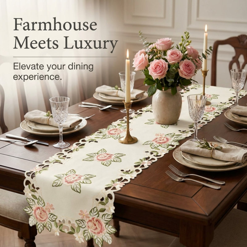 Cream Lace Table Runner with Embroidered Cutwork of Bryton Collection for Dining Table or Christmas Decor