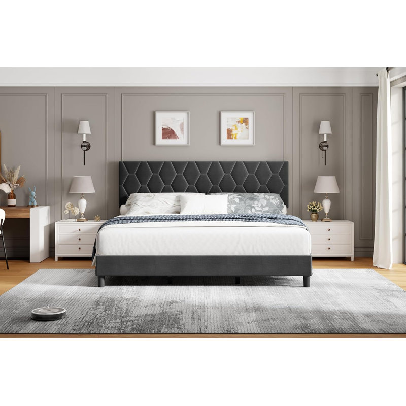 King Upholstered Bed Frame, Heavy-Duty Wood Slats, Noise Free, Grey, Gray, King