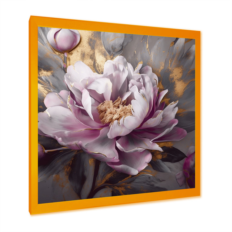 Pivoines roses et grises en fleurs - impression, H 16 po x l 16 po x P 1 po, Encadrement doré