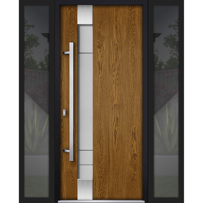 Front Exterior Prehung Steel Door / Deux 1713 Natural Oak / 2 Side Exterior Black Windows / Stainless Inserts Single Modern Painted-W16+36+16" x H80"-Right-hand Inswing
