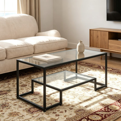 Rectangular Glass Coffee Table with Metal Frame, Two-Tier Storage, Tempered Glass Top, Modern Living Room Furniture